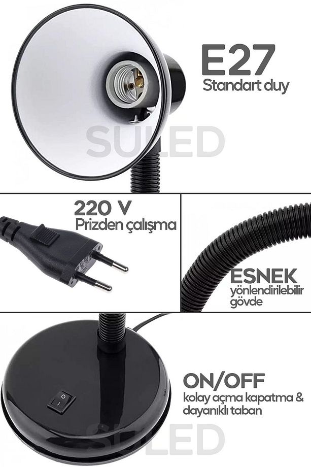 Masa Lambası E27 Standart Ampül 220V Esnek Açısı Ayarlanabilir Çocuk Odası ve Çalışma Lambası - 3