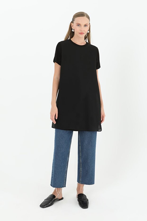 Women's Crew Neck Short Sleeve Front Chiffon Detailed Undershirt Tunic 10271