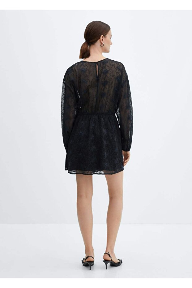 Kabarık kollu işlemeli elbise - 4