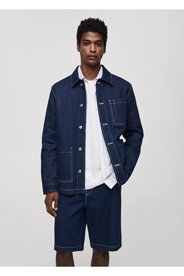 Dikiş Cepli Denim Gömlek Ceket - 1
