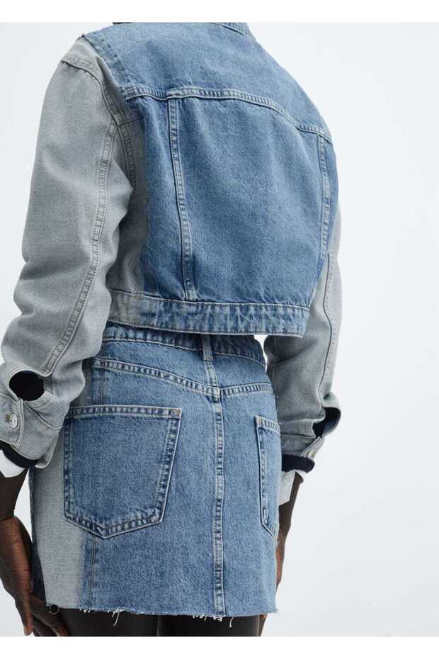 İki renkli denim mini etek - 7
