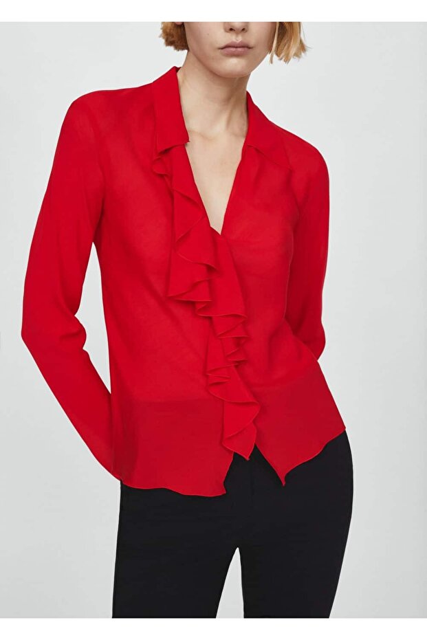 V yakalı volanlı bluz - 7