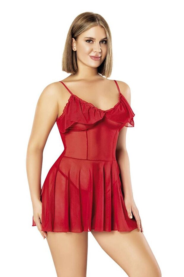 3462 Kırmızı Tül Gecelik - 1