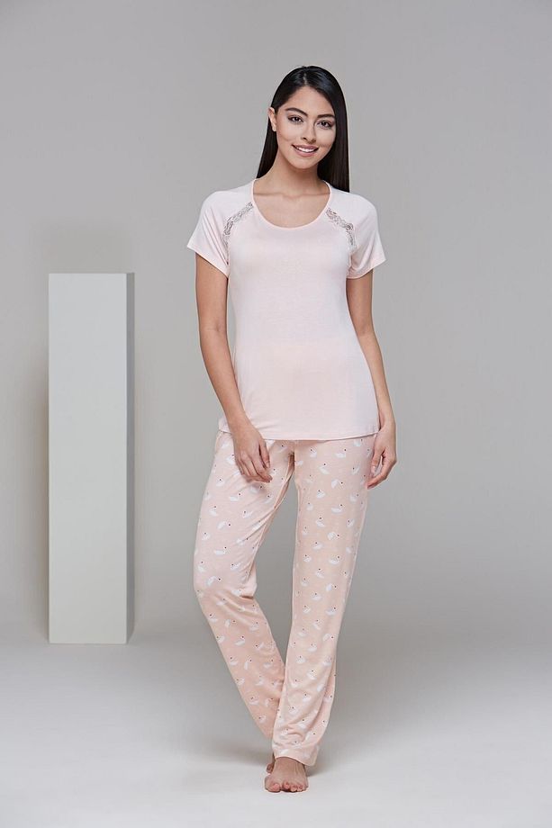 Kadın Bej  Kısa Kol Pijama Takım - 1