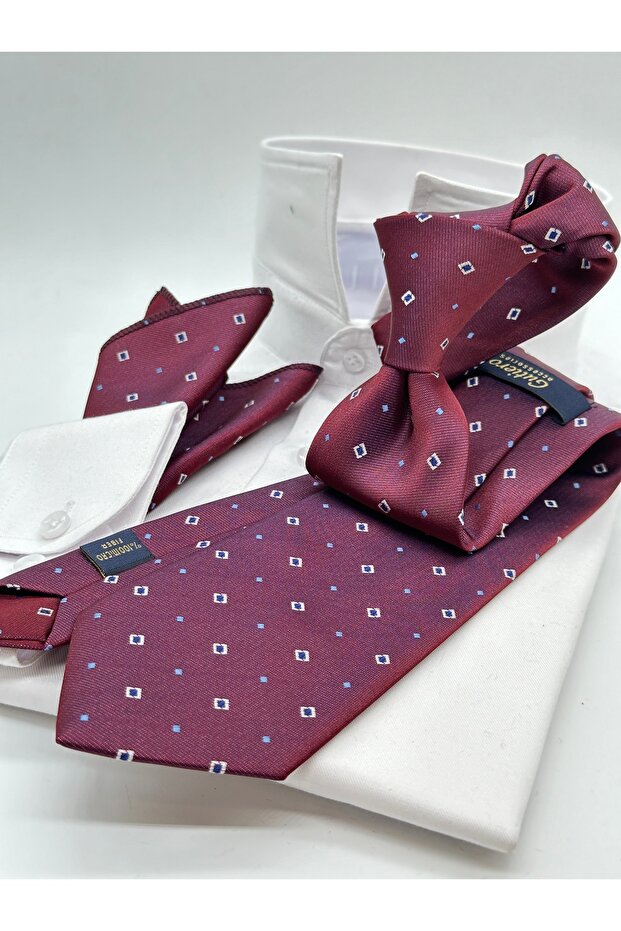 Classic Claret Red Patterned Handkerchief Tie