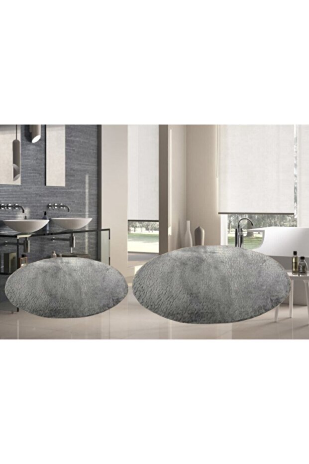 Set of 2 Round Post Plush Bath Mat Set Large Size Gel Base Toilet Bowl Set Gray 100x100 80x80