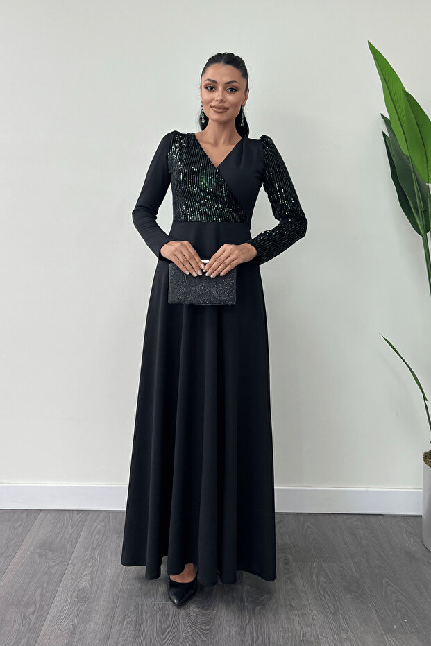 Crepe Fabric Sequin Detailed Dress - Emerald Green