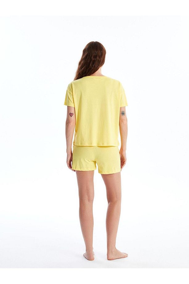 LCW Young Sarı Bisiklet Yaka Baskılı Kısa Kollu Kadın Şortlu Pijama Takımı - 4