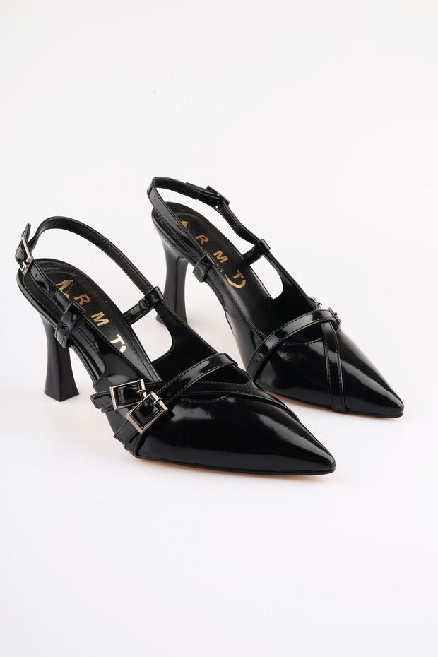 Black patent leather belt detail ankle strap women's heeled shoes classic heels 9 cm new season
