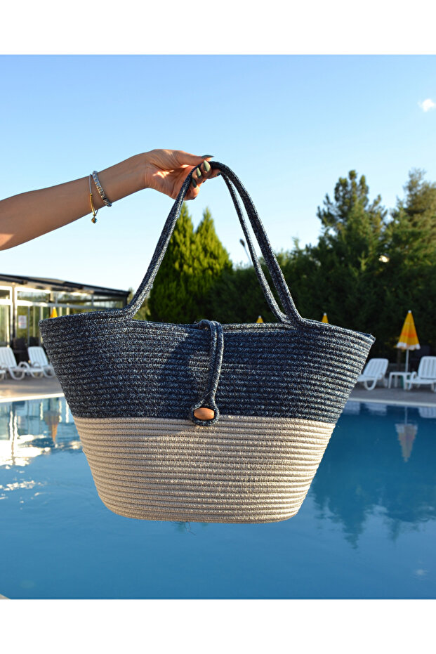 Jute Buttoned Double Color Women's Beach Bag Accessory Daily Casual Bag Natural Handmade Stylish Bag