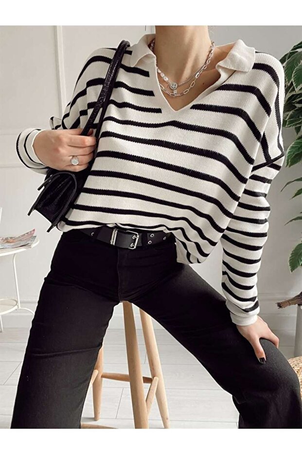 Women's Striped Polo Collar Knit Sweater