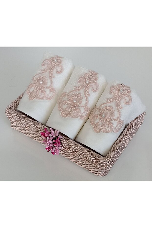 Basket with Weave Towel Small Cotton Guipure 30*50 cm 3 Pcs Towel and Basket Gift Dowry