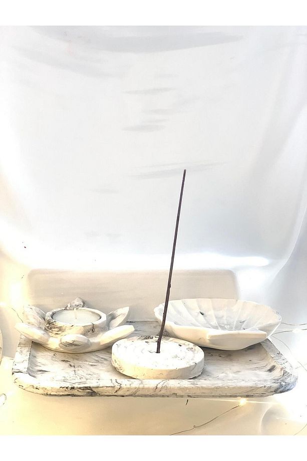 Mermer Desen Büyük Organizer Tabak Nilüfer Tealight İstiridye Organizer Tabak Tütsülük Set - 3