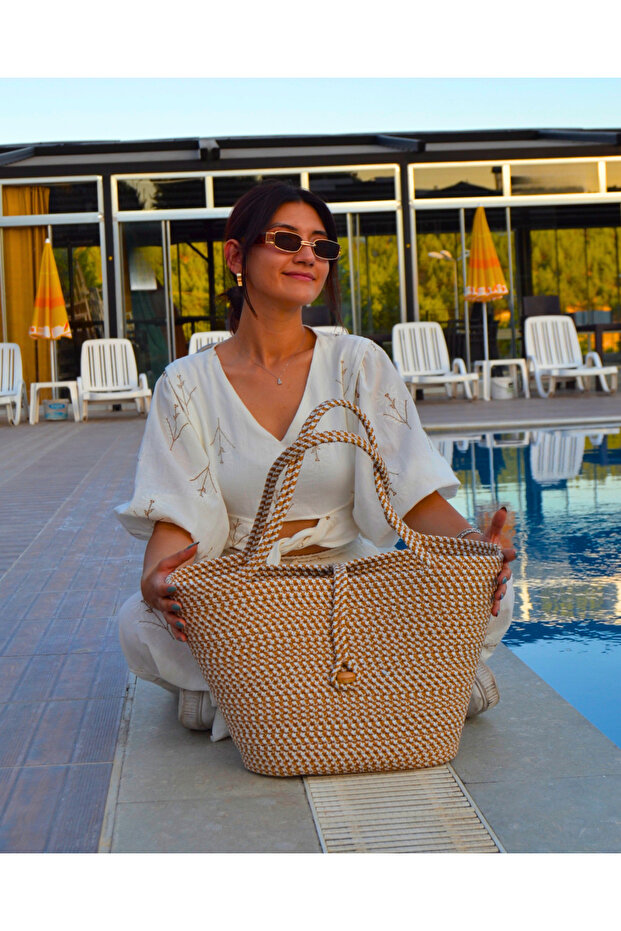 Jute Button Multicolor Women's Beach Bag Accessory Daily Casual Bag Natural Handmade Stylish Bag