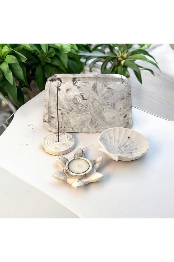 Mermer Desen Büyük Organizer Tabak Nilüfer Tealight İstiridye Organizer Tabak Tütsülük Set - 2