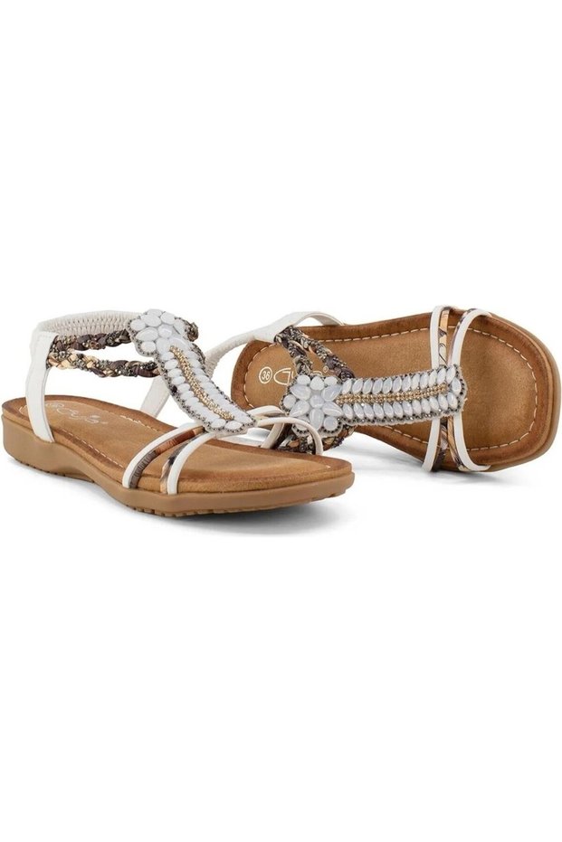24Y150-38 White Women's Stony Colorful Snake Pattern Orthopedic Comfort Stylish Daily Summer Sandals Shoes