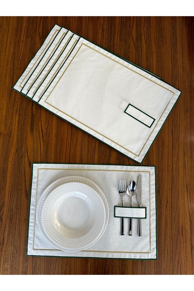 6 Pieces Green-Gold Double Row Embroidered with Spoon Holder American Service