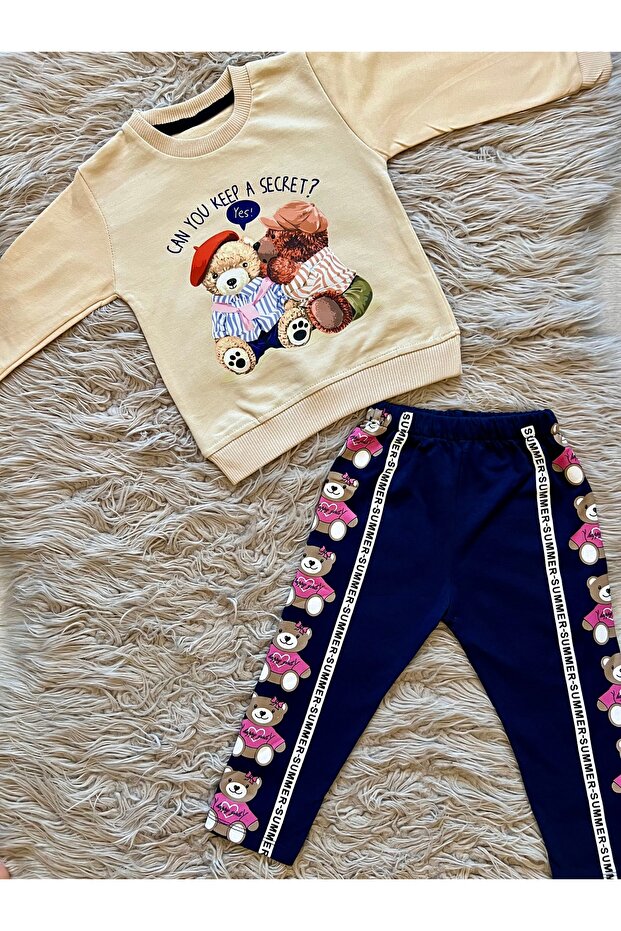 Seasonal Sweatshirt with Teddy Bear, Fully Stretchy Leggings with Teddy Bear, 2-Piece Set