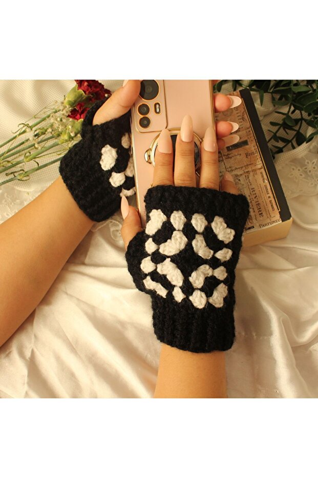 El Yapımı Parmaksız Model Kışlık Eldiven Siyah Beyaz 3d - 3