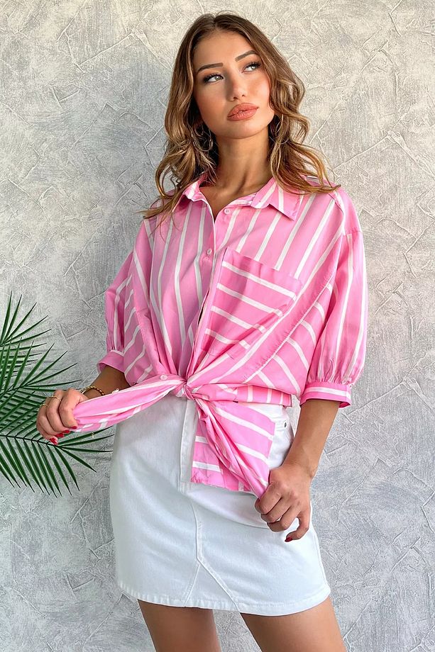 Pembe Tek Cepli Kadın Çizgi Desenli Oversize Gömlek - 1