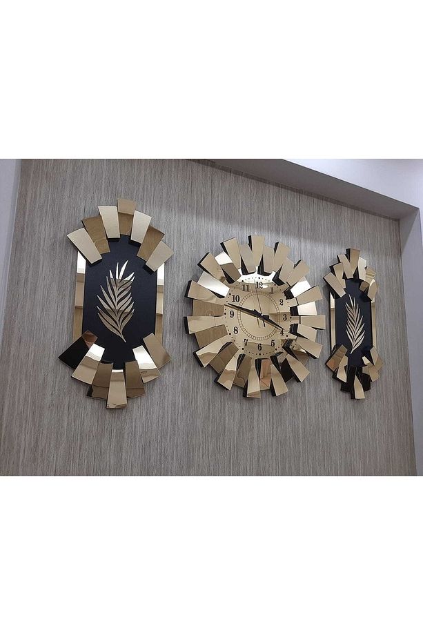 3lü Duvar Saati Gold Aynalı 3 Boyutlu Piyano Model Palmiye Detay Türk Rakam - 6