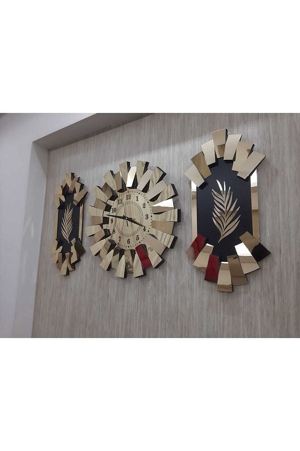 3lü Duvar Saati Gold Aynalı 3 Boyutlu Piyano Model Palmiye Detay Türk Rakam - 7