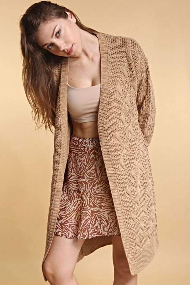 Kadın Kahve Uzun Triko Hırka - 1