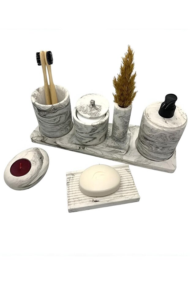 7-Piece Marble Patterned Look Bathroom Set Toilet WC Liquid Soap Dispenser Toothbrush Holder Concrete Accessories