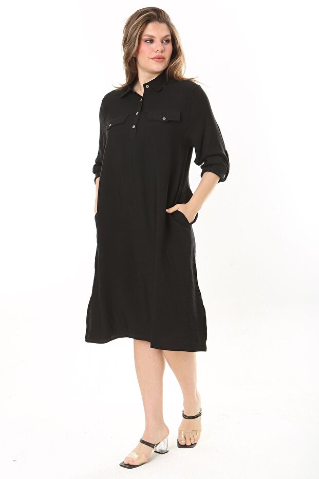 Women's Plus Size Black Front Placket Buttoned Ornamental Chest Pocket Sleeve-Length Adjustable Dress 65N37871