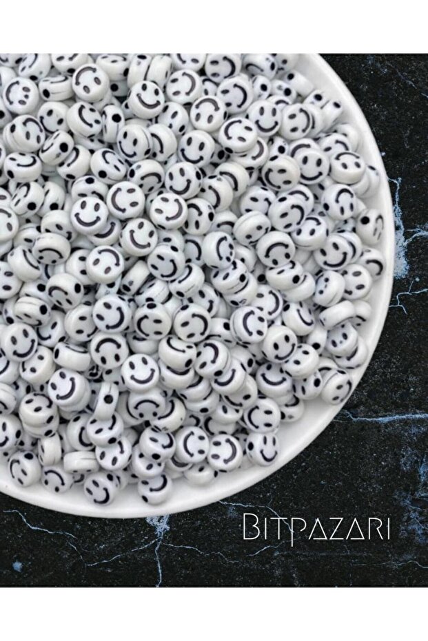 200 Pieces of Smile Beads, Black on White 4x7mm Smiling Face Beads, Smiling Face