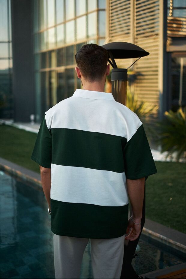 Yakalı Yeşil Parça Detay Unisex Oversize Tshirt - 3