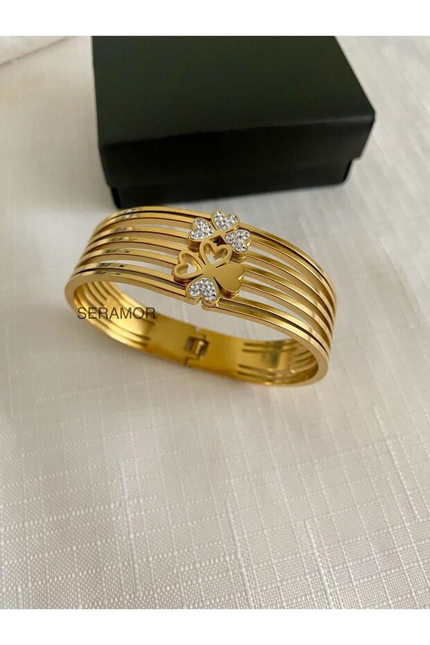 Sparkling Detail, Non-Tarnishing Steel, Clover Design, Spring-Loaded Front-Opening Bracelet (Spring-Loaded Front-Opening Model)