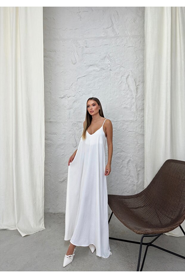 Aerobin Fabric Adjustable Strap Long White Dress