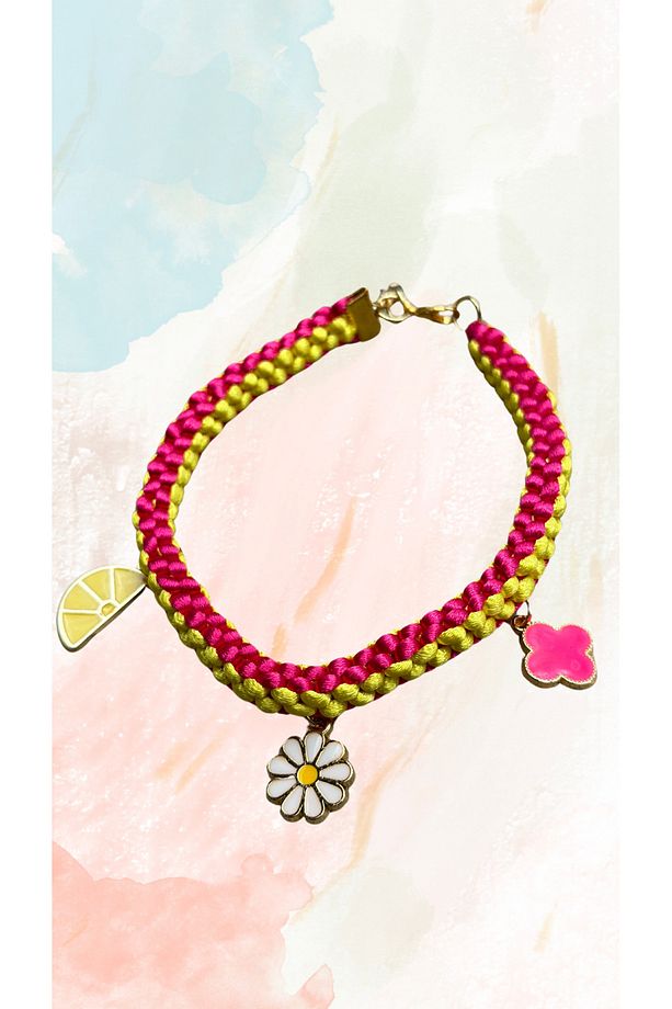 Pembe-Sarı Örgü Charm Uçlu Köpek-Kedi kolyesi - 3