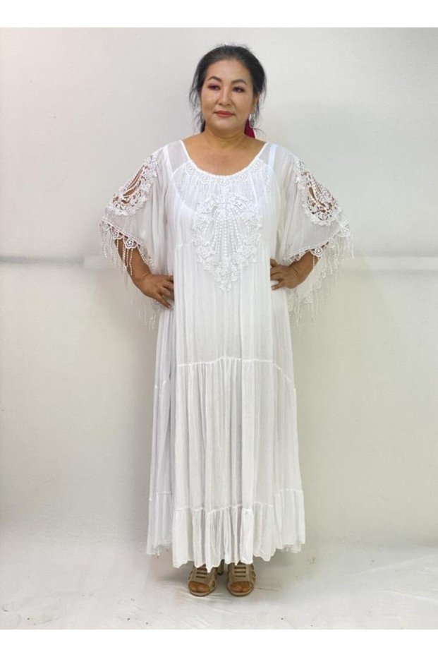Women's White Authentic Voile Cotton Guipure Detailed Spanish Sleeve Maxi Dress