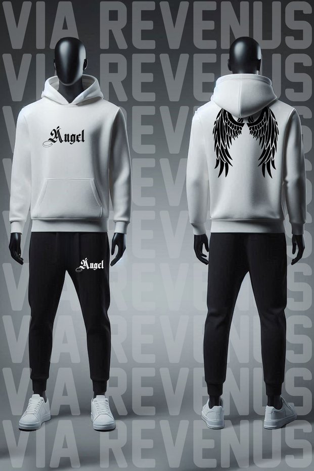 Angel Wings Printed Unisex Sports Set - Wide Fit and Hooded Sweatpants
