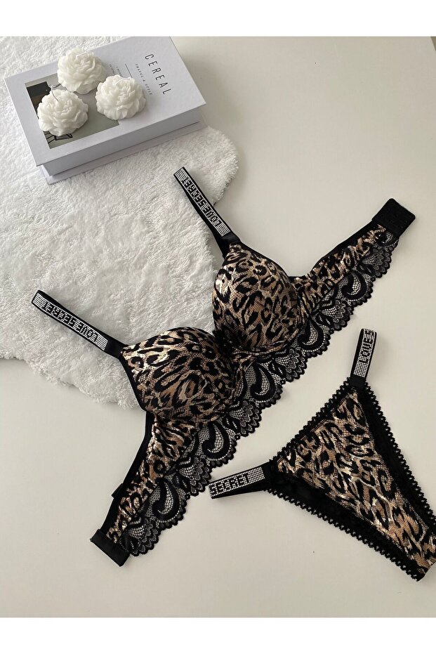 طقم حمالة صدر دانتيل مبطنة بنقشة الفهد - 2