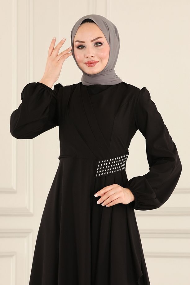 Beli Drapeli Tesettür Elbise ASM2597 Siyah - 4