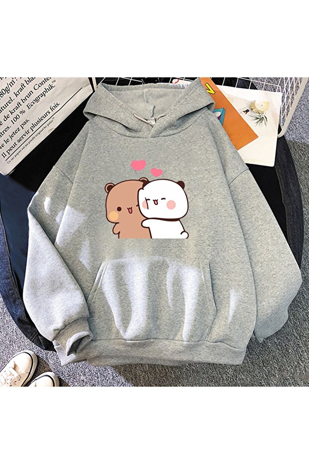 سويت شيرت باندا بوبو ودودو كبير الحجم باللون الرمادي - بقلنسوة