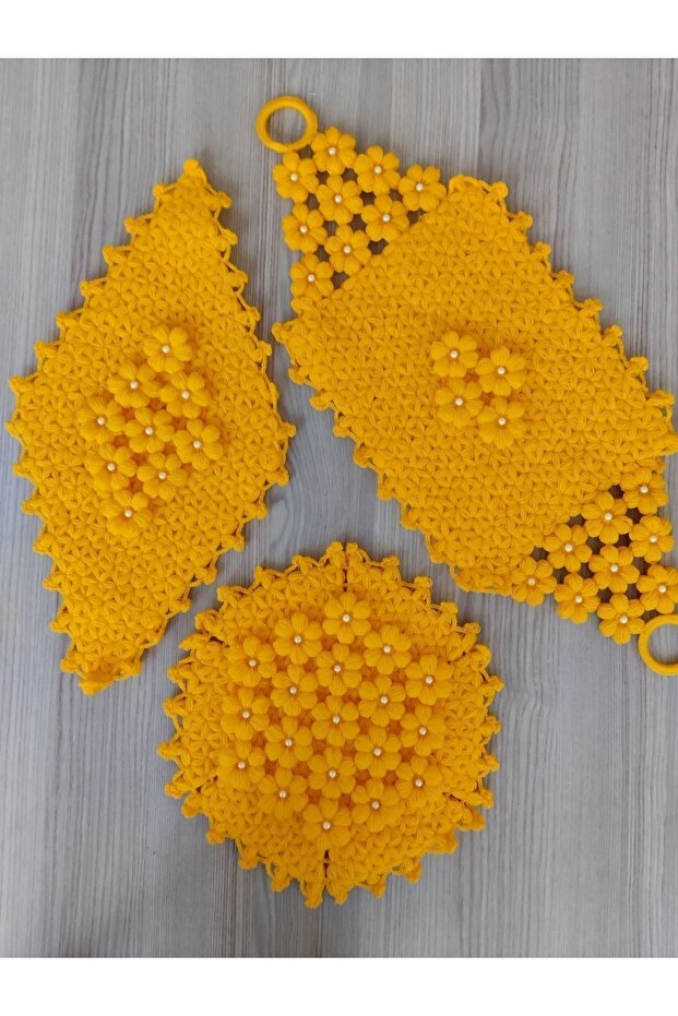 Yellow Pearl Hand-Knitted Bridal Bath Sponge Set of 3