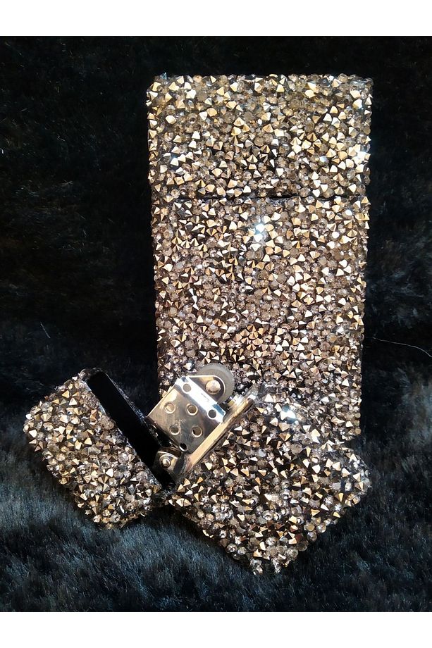 Füme Parlak Swarovski Taşlı Touch Sigara Kutusu Ve Zippo Çakmak Seti - 4
