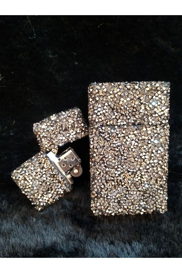Füme Parlak Swarovski Taşlı Touch Sigara Kutusu Ve Zippo Çakmak Seti - 5