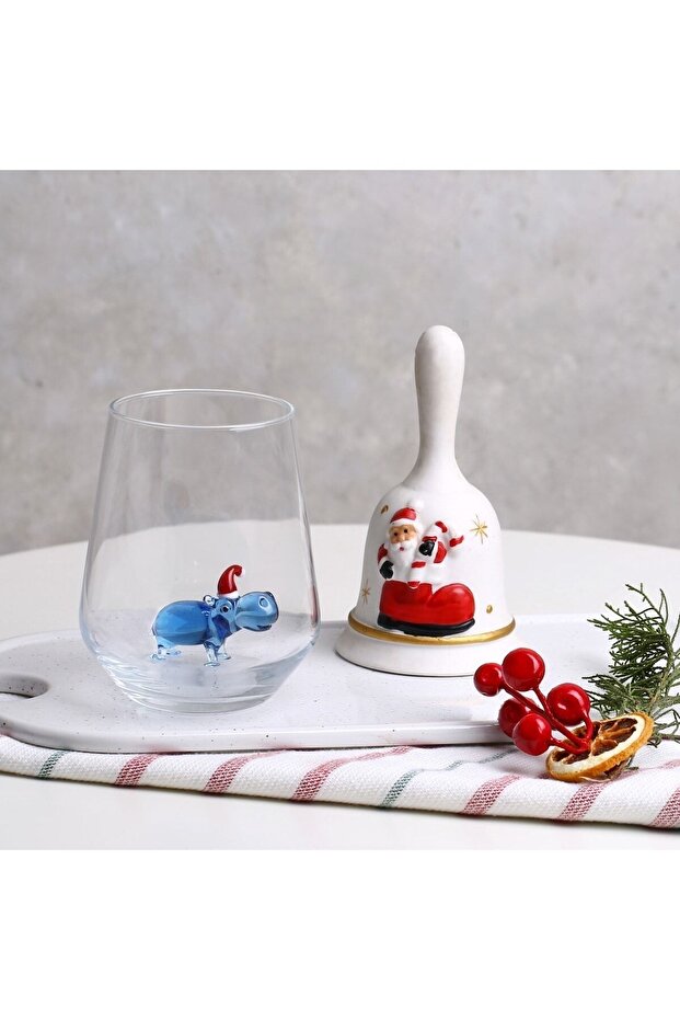 New Year's Themed Decorative Single Water Cup with Hippo Glass Figure - Blue