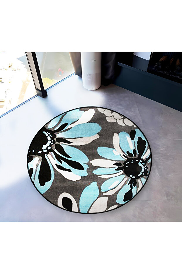 Blue Gray Themed Floral Patterned Round Woven Base Modern Decorative Carpet 6176