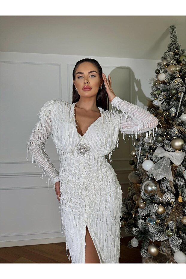 Women's White Imported Fringed Sequin Fabric Slit Brooch-Included Special Design Dress