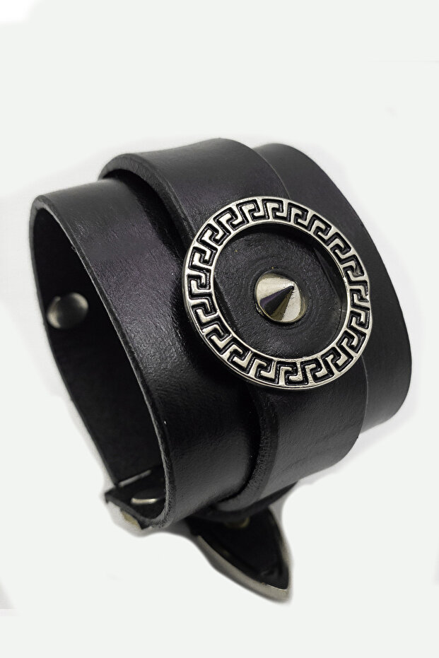 Black Men's Leather Bracelet - Handcrafted Antique