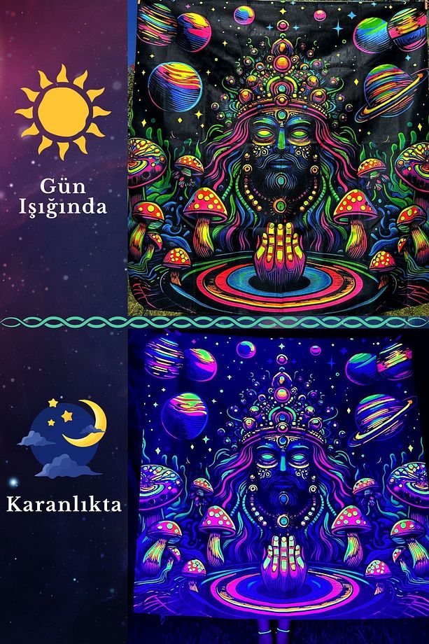 Hindu Guru Show Me the Way / Blacklight ile Parlayan Neon Duvar Örtüsü UV Aktif Glow Tapestry - 1