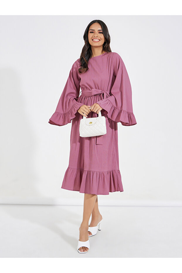 Wide Flute Sleeves Midi Dress with Tie Belt
