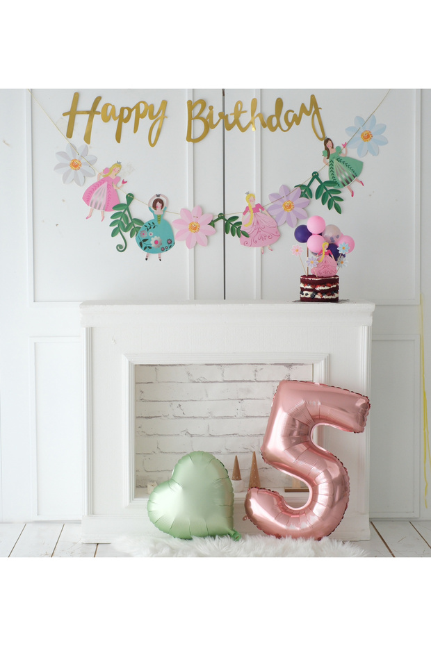 Princess Themed 5 Year Old Pink Tones Full Luxury Set Wall Decoration*Rabbit Balloon*Heart*Number*Cake Decoration