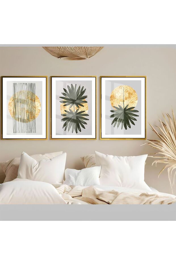 Hari̇kabi̇rev | Soft-Gold Most Stylish Abstract Combination | Framed Tempered Glass Table 3 Pieces Vertical